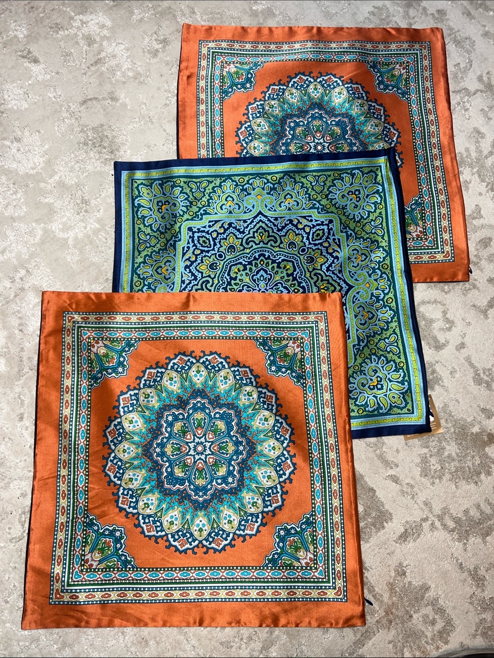 Pottery Barn Medallion Silk Blend Pillow Covers Orange & Blue Set of 3